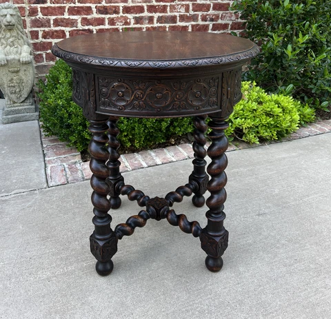 Antique French ROUND Side End Table BARLEY TWIST Carved Oak Renaissance 19th C Cover