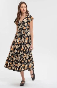 Button-Up Midi Dress Blu Pepper New With Tags NWT Black Patterned Floral - Picture 1 of 8
