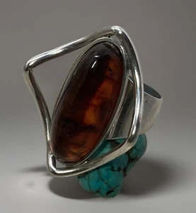Vtg Modernist CARL OVE FRYDENSBERG Denmark 925 Sterling AMBER RING Sz7.5 9.1g - Picture 1 of 11