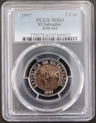 EL SALVADOR RARE BIMETAL UNC COIN 5 COLONES 1997 YEAR SHIP KM#162 PCGS MS63 - Image 1 of 2
