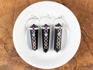 Colgante de punta de cristal de obsidiana negra y chakra - Joyería hecha a mano curativa, E2158 - Imagen 1 de 10