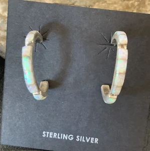 Womens White Opal Inlay Navajo Sterling Silver Dangle Hoop Earrings 1" 12772 - Picture 1 of 12