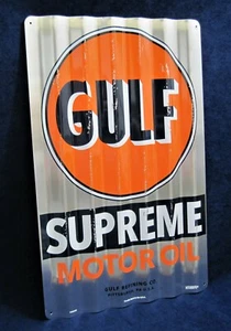GULF OIL - *US MADE* Corrugated Metal Sign - Man Cave Garage Shop Bar Pub Decor - Picture 1 of 10