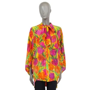 66550 auth BALENCIAGA silk 2021 TULIP PRINT PUSSY BOW Blouse Shirt 34 XXS - Picture 1 of 6