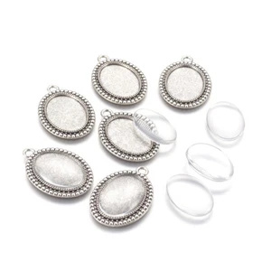 6 Sets Tibetan Silver Alloy Oval Pendant Setting Bezel Blanks & 25x18mm Covers - Picture 1 of 4