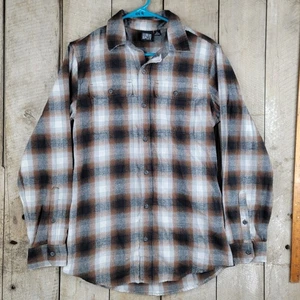 Split Mens Flannel Shirt Small Plaid Button Front Long Sleeve Brown Gray Black - Picture 1 of 8