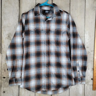 Split Mens Flannel Shirt Small Plaid Button Front Long Sleeve Brown Gray Black - Image 1 of 4