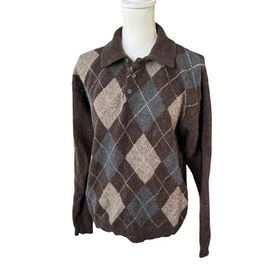 Trader Bay Men's Argyle Sweater Brown and Gray collared men small medium wool - Image 1 of 4