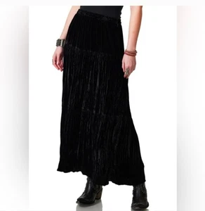 Double D Ranch Crushed Velvet Midi Maxi Tiered Skirt Black Size Medium - Picture 1 of 11