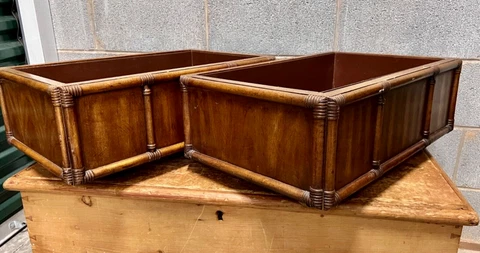 Pair of Vintage  Bamboo style rolling planters Drexel Heritage Metal liner Malay Cover