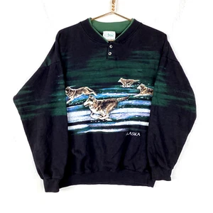 Vintage Wildlife Sweatshirt Henley Size Large Black Wolf All Over Print Made Usa - Picture 1 of 6