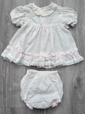 Vintage Baby Dress & Matching Knickers - White Broderie Anglaise & Pink Ribbon - Image 1 of 4