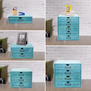 Five-Piece Set Pine Wood Desktop Drawers Vintage Wooden Desktop Organizer Blue - Picture 1 of 11