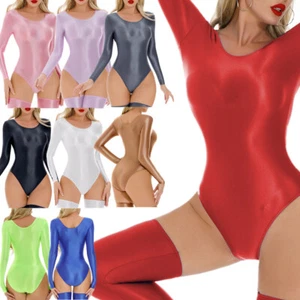 Women Jumpsuit Oil Bodysuit Yoga Rompers Solid Color Bodystocking Long Sleeves - Picture 1 of 126