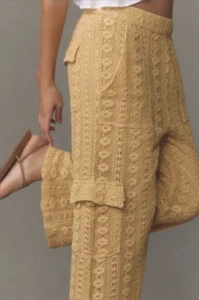 NWT Women Sz Small Anthropologie Lace Cargo Pants Yellow Tan Crochet India - Picture 1 of 18