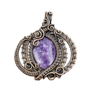 Lepidolite Gemstone Mother's Day Christening Art Deco Pendant Jewelry Copper - Picture 1 of 7