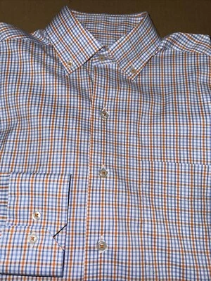 David Donahue Men’s Slim Fit Button Collar Blue & Orange Check Performance Shirt - Image 1 of 4