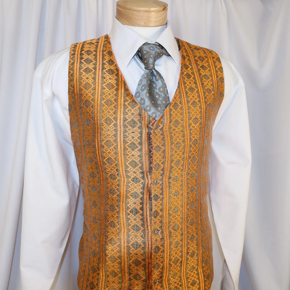 Orange Gold Geometric Polyester Men Formal Waistcoat Vest Size XL - Image 1 of 4