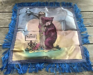 Vintage Funny Bear On Blue Fringed Satin Pillow Cover “No Hugging Allowed” - Picture 1 of 6
