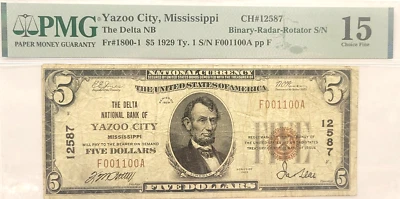 1929 $5.00 Delta National Bank Of Yazoo City Mississippi PMG Choice Fine 15 - Image 1 of 2