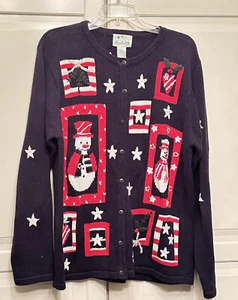 Quacker Factory Sweater Womens Medium Patriotic Snowman Cardigan Red White Blue - Picture 1 of 9