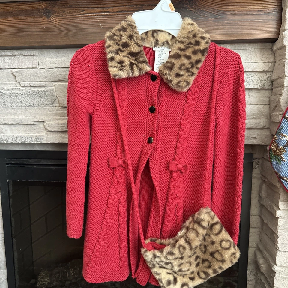 Max Studio Kids Christmas Sweater Girls M 5-6 Red Sparkle Leopard Faux Fur Purse - Image 1 of 4