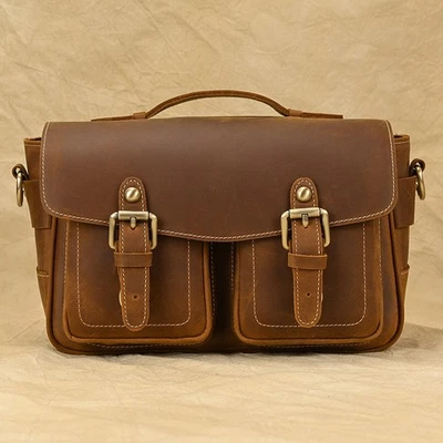 Bolso de hombro mensajero de cuero real genuino para cámara para lente Canon Nikon Foto 1 de 4