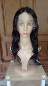 Körper Welle Schwarzbraun Echthaarperücke T-PART 55 cm Front Lace  Wig - Bild 1 von 12