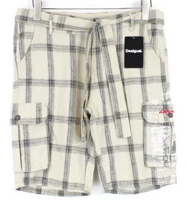 DESIGUAL Marc 28 Cargo Shorts Men's Sand Brown Linen Cotton Checked Pattern * - Picture 1 of 9