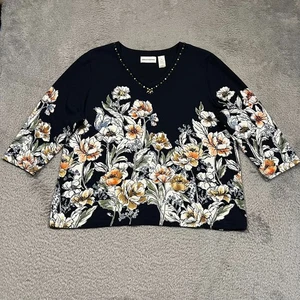 Alfred Dunner Embellished Floral Blouse Women's XL Navy Blue 3/4 Sleeve - Picture 1 of 12