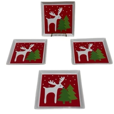 Crate And Barrel Reindeer Christmas Holiday Square 6” Dessert Plates Set Of 4 - Image 1 of 4