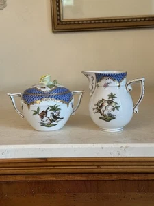 Herend Rothschild Bird Blue Fishnet Scale Sugar Bowl Rose Finial & Creamer - Picture 1 of 15