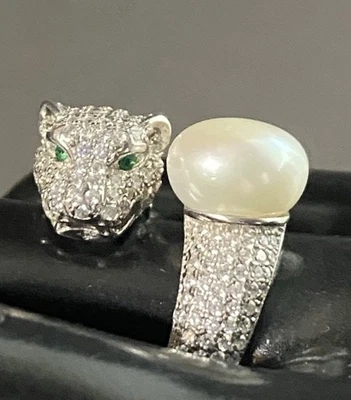 Pave Diamond Pearl Panther Ring 7.75 Wrap 925 Jaguar Big Cat Green Jewel Eyes CZ - Image 1 of 4