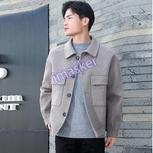 Men's Double Side Wool Short Lapel Jacket Formal Botton Up Coats Casual Outwear - Picture 1 of 15