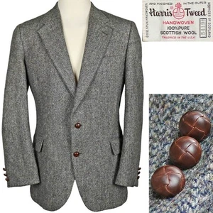 Vintage Harris Tweed Sport Coat Suit Jacket Herringbone Weave Leather Buttons 44 - Picture 1 of 8