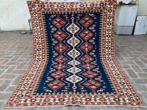 Tappeto Kilim Soumak antico orientale tessuto a mano blu scuro 5x7 accento turco tappeto - Foto 1 di 17