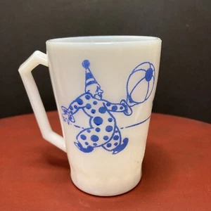 Vintage Hazel Atlas milk glass clown circus mug cup blue white child size - Picture 1 of 9