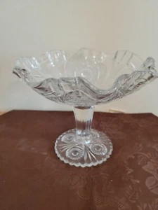 Compote de vidrio prensado transparente de 7" con diseño de molinete y borde de diente de sierra - Imagen 1 de 3