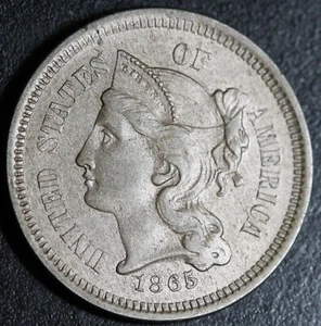1865 THREE 3 CENT NICKEL - VERY HIGH GRADE With 180° ROTATED REVERSE! - Picture 1 of 2