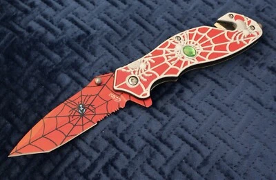 Red Pocket Knife Tanto Spider Web Window Punch Seat Belt Cutter Assisted Sharp - Image 1 of 4