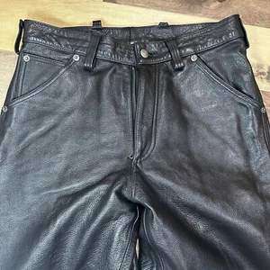Vintage Mens Flying Bikes New York Genuine 6 Pocket Leather Pants Jeans Sz 32x34 - Picture 1 of 12