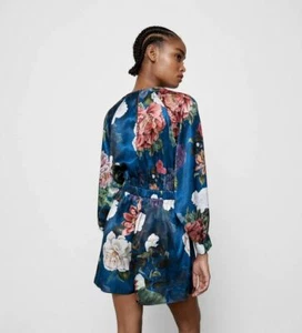 XXL Zara Kurz Bedruckt Overall Blau Blumen Tropisch Rüschen Größe M - Bild 1 von 12