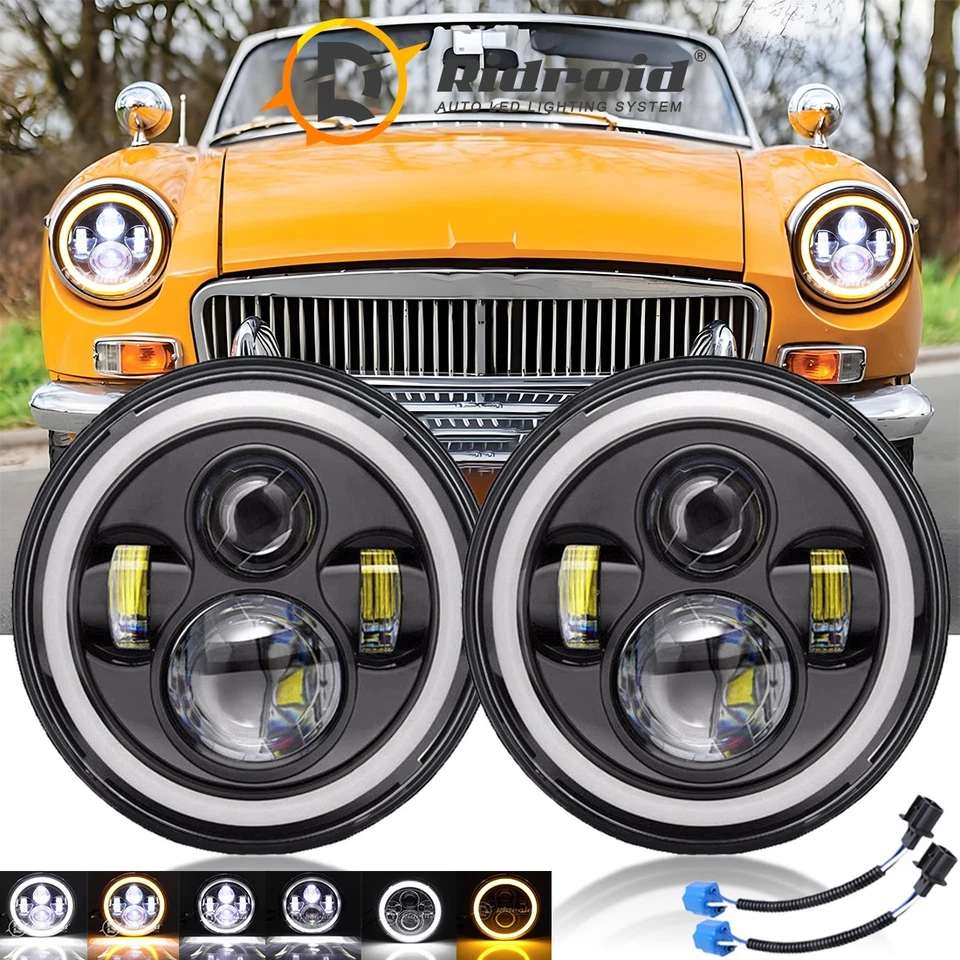 Pair 7" Round LED Halo Headlights Turn Signal for MG MGB 1969-1980 Midget 70-79 Foto 1 de 4
