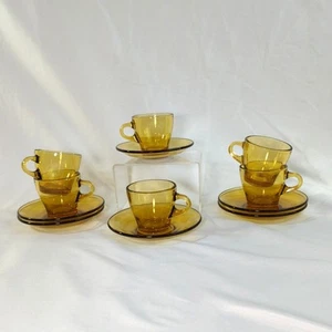 6 Vintage Amber Glass Espresso Cups & Saucers Vitrosax Italy by Bormioli Rocco - Picture 1 of 10