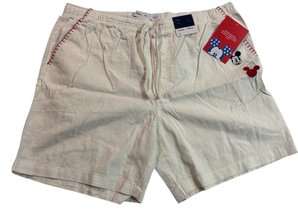 Pantalones Cortos Blancos Bolsillo Mickey Bordados Mezcla Lino Azul Marino Antiguo X Disney XL Foto 1 de 4