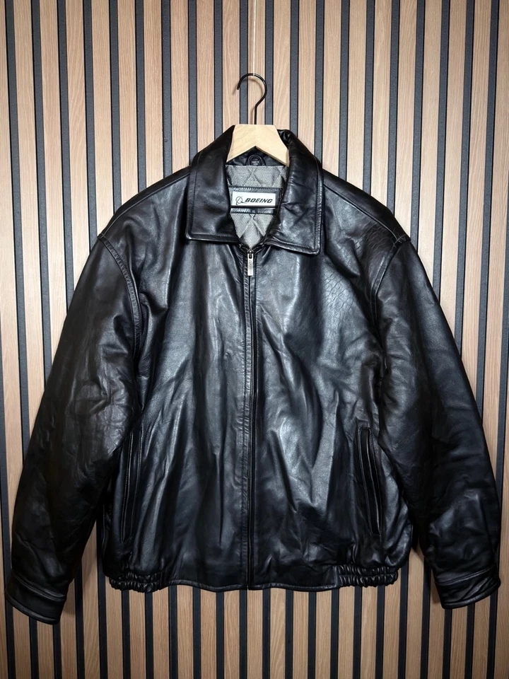 Boeing Flight Jacket XL Mens Black 100% Leather Quilted Lining Zip Up Fighter - Image 1 of 4