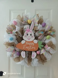 XL 25" HAPPY EASTER Bunny WREATH. Burlap White Deco Mesh w Storage Box FREE SHIP - Picture 1 of 2
