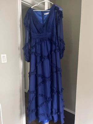 Mac Duggal Size 16 Blue A68223 Ruffle Puff Long Sleeve Formal Gown Dress $598 - Image 1 of 4