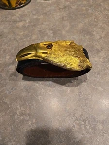 Christopher Ross Eagle Hawk Gold Finish Belt Buckle Glass Eye Leather Belt 1976 - Picture 1 of 10