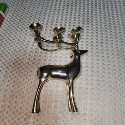 POTTERY BARN  EUC 9" TALL SILVERTONED  REINDEER CANDLE HOLDER - Image 1 of 4